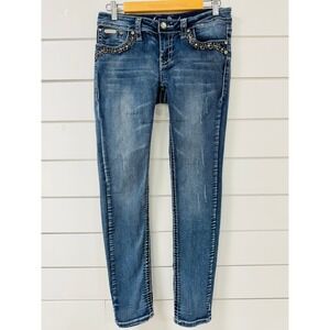 Sexy Couture Girls Skinny Jeans Blue Embellished Rhinestone Floral Size 14/16